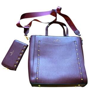 London Fog Sofia Studded Tote Bag & Matching Wallet Plum Burgundy Career Laptop